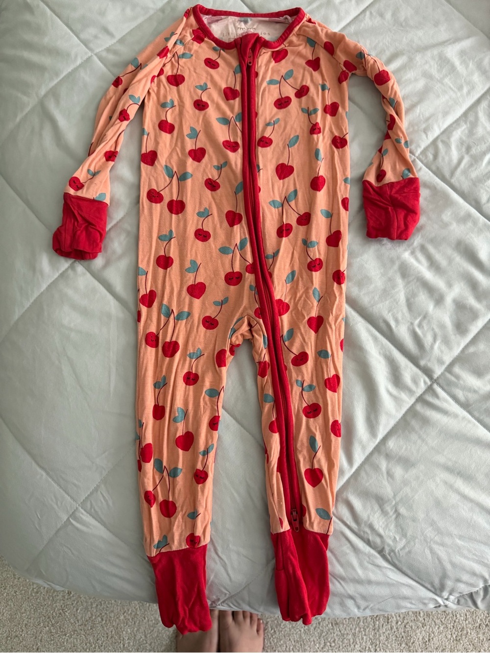 Little Sleepies Peach Cherry Print Footed Pajamas with Red Trim